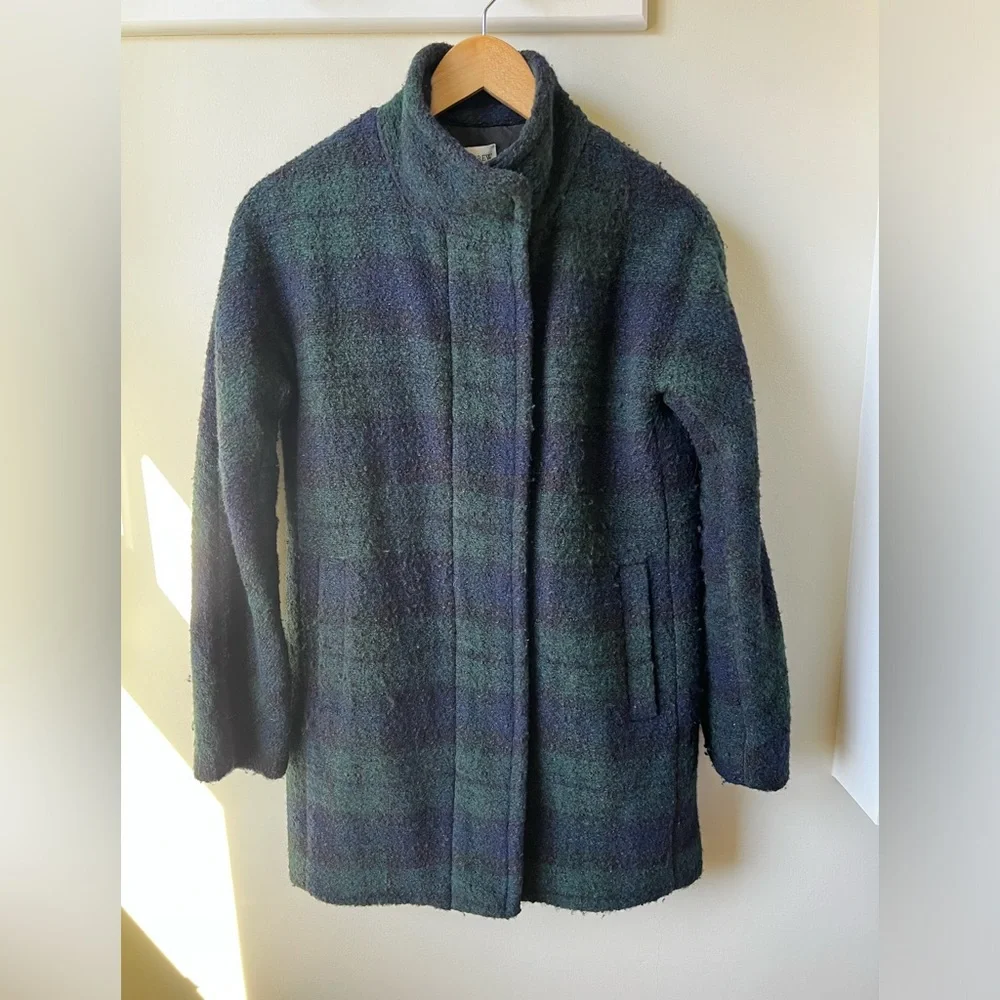 J CREW FACTORY Boucle City Coat Black Watch Plaid Zip Preppy Dark Academia 0